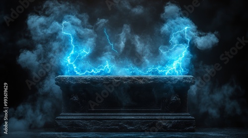 Ancient stone podium with wisps of smoke rising, electrified by bright blue lightning arcs, black background, high drama and intense contrast