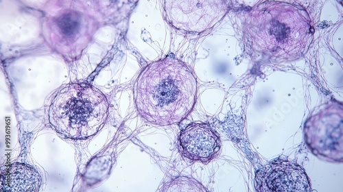 Close-up of a specimen slide featuring cellular structures under magnification, set against a minimalist gray background with ample space for text