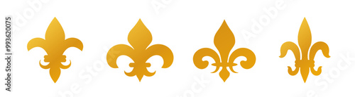 Golden heraldic french lily. Medieval heraldic flower with gradient. Dark Fleur de lis symbol. Traditional dynasty emblem.