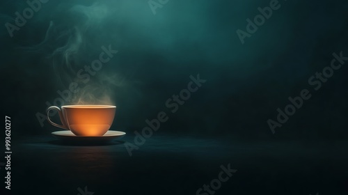 A single cup of steaming hot beverage sits on a saucer against a dark blue background.