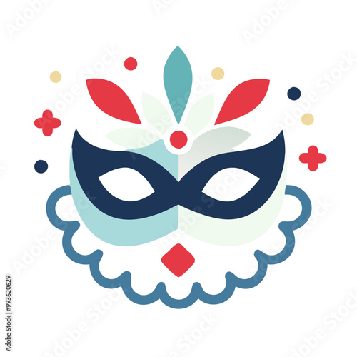 A mask with a blue and white design. The mask is surrounded by a blue and white flower pattern