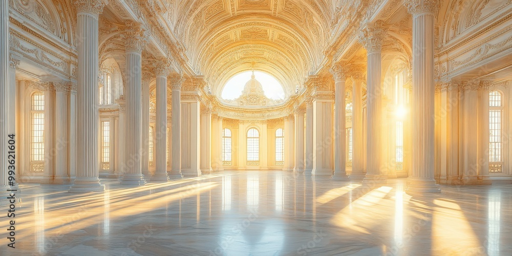 Spacious marble hall with towering columns, arched ceilings, and streaming sunlight Spacious marble hall with towering columns, arched ceilings, and streaming sunlight