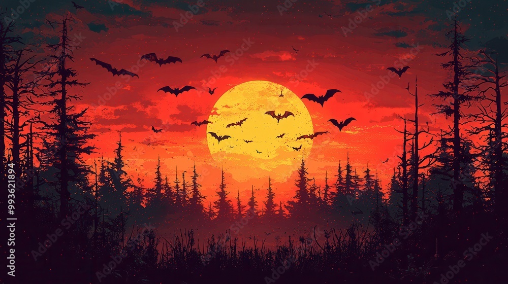 Spooky Sunset with Bats and Forest Silhouette Spooky Sunset with Bats and Forest Silhouette