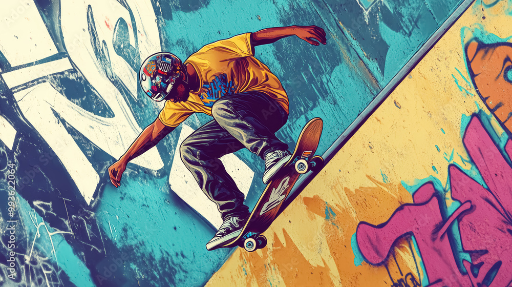 Naklejka premium Young black boy wearing a helmet skateboarding on ramps, urban atmosphere, walls covered with graffiti, cartoon style 