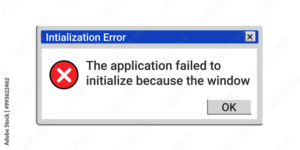Error message on computer screen. System crash window. Initialization bug pop up. Error message on computer screen. System crash window. Initialization bug pop up.