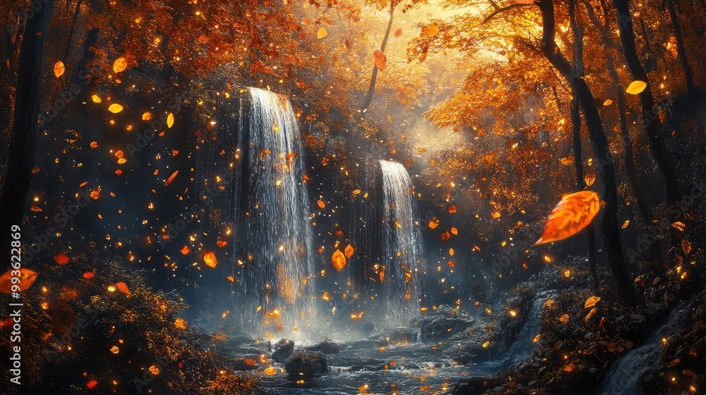 Obraz premium Ethereal autumn forest with vibrant leaves twirling upward and waterfalls cascading with sparkling light under a tranquil sky
