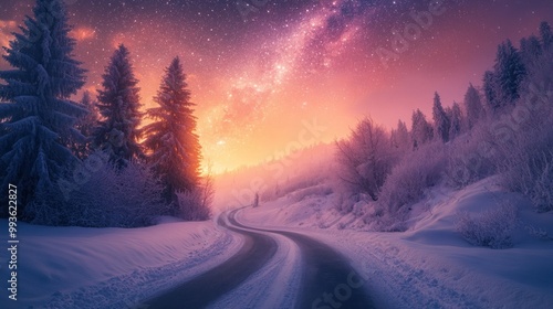 A serene winter landscape with a winding road and a starry sky at sunset.