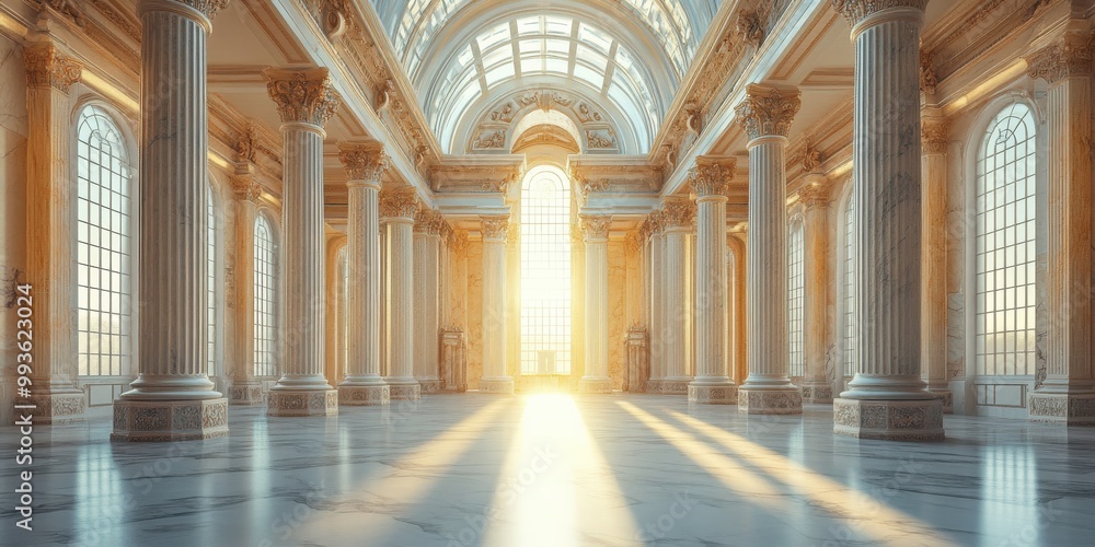 Spacious marble hall with towering columns, arched ceilings, and streaming sunlight Spacious marble hall with towering columns, arched ceilings, and streaming sunlight