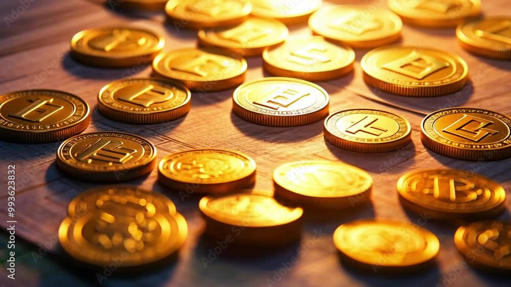 Close-up of shiny gold coins scattered on a light brown surface with soft lighting. Close-up of shiny gold coins scattered on a light brown surface with soft lighting.