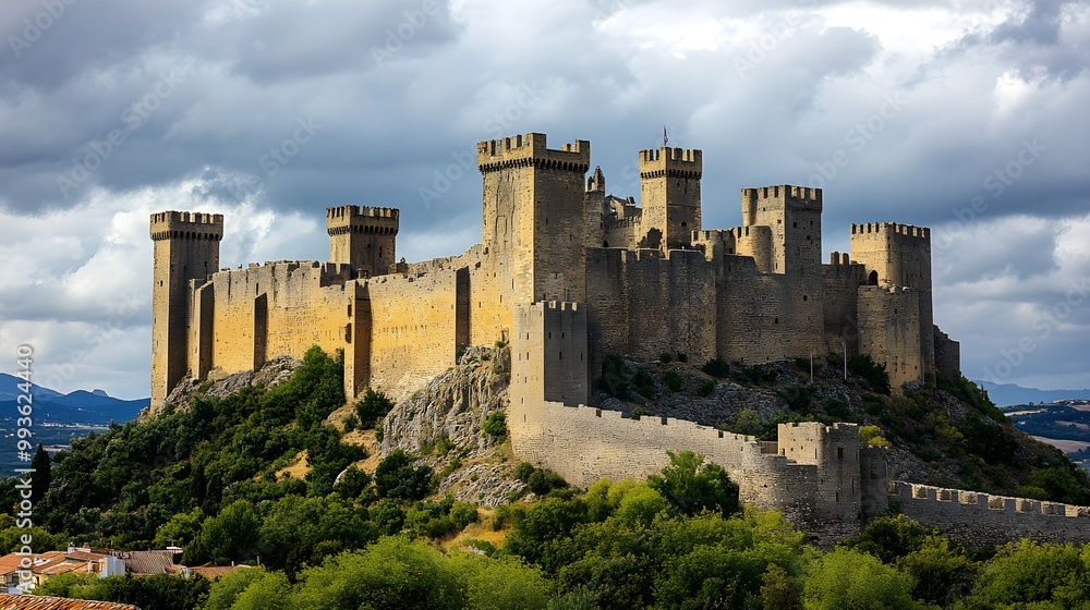 A large fortress built in a ring formation, towers stretching skyward from its outer walls, surrounded by a wide moat, medieval design under a cloudy sky A large fortress built in a ring formation, towers stretching skyward from its outer walls, surrounded by a wide moat, medieval design under a cloudy sky