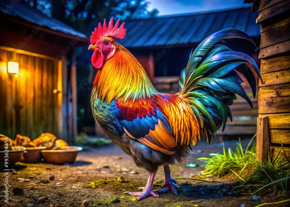 Fototapeta premium Vibrant Ameraucana Rooster Displaying Colorful Feathers in Natural Farmyard Setting