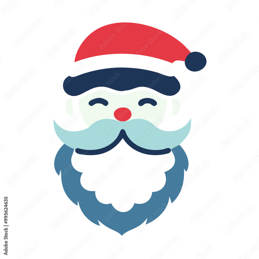 A smiling santa with a red hat and blue and white beard. The beard is very bushy and the hat is red A smiling santa with a red hat and blue and white beard. The beard is very bushy and the hat is red