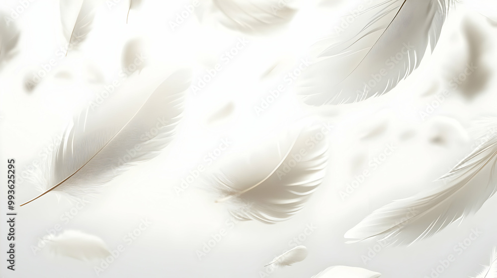 Naklejka premium White feathers falling gracefully on a white background.