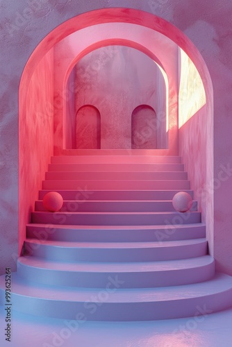 Pink Staircase with Arches and Spheres