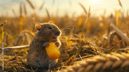 In a farmer field a small rodent holding a yellow dairy plaything photo