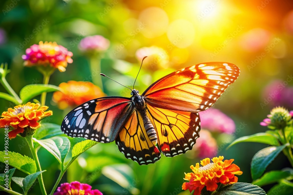 Fototapeta premium Vibrant and Colorful Butterfly Perched on a Flower in a Lush Green Garden Setting Under Sunshine