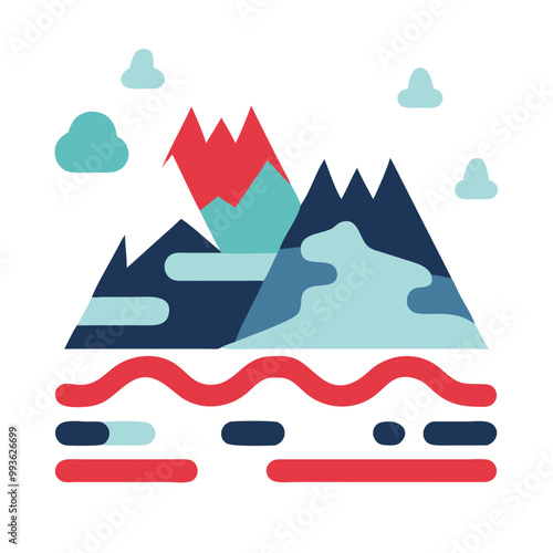 A mountain range with a volcano in the middle. The volcano is red and white. The mountains are blue and green