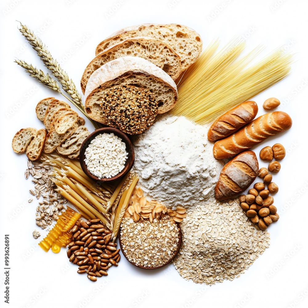 Assorted baked goods, including fresh bread, wheat cookies, and walnut cake, on a brown wooden table Assorted baked goods, including fresh bread, wheat cookies, and walnut cake, on a brown wooden table