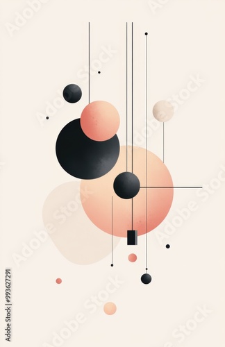 A modern poster with geometric shapes, lines, and circles in pastel colors: soft beige, pink, black, and white.