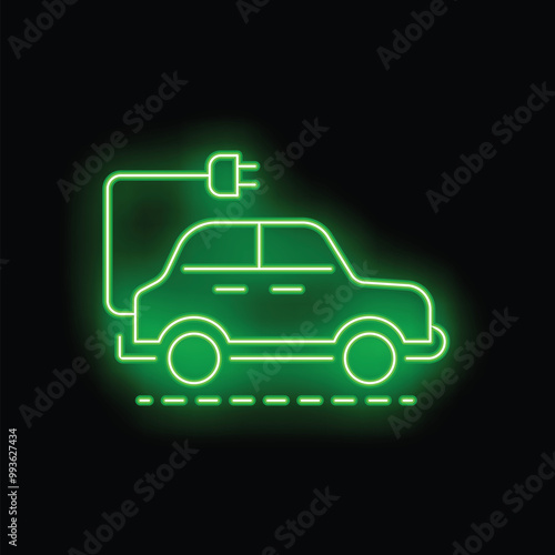 Green neon icon of an electric car charging with a plug on a black background