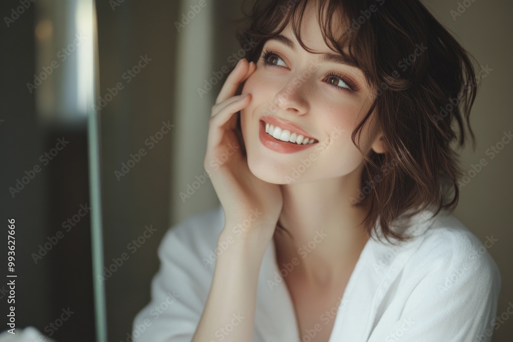 A beautiful woman touching her face in front of the mirror. A beautiful woman touching her face in front of the mirror.