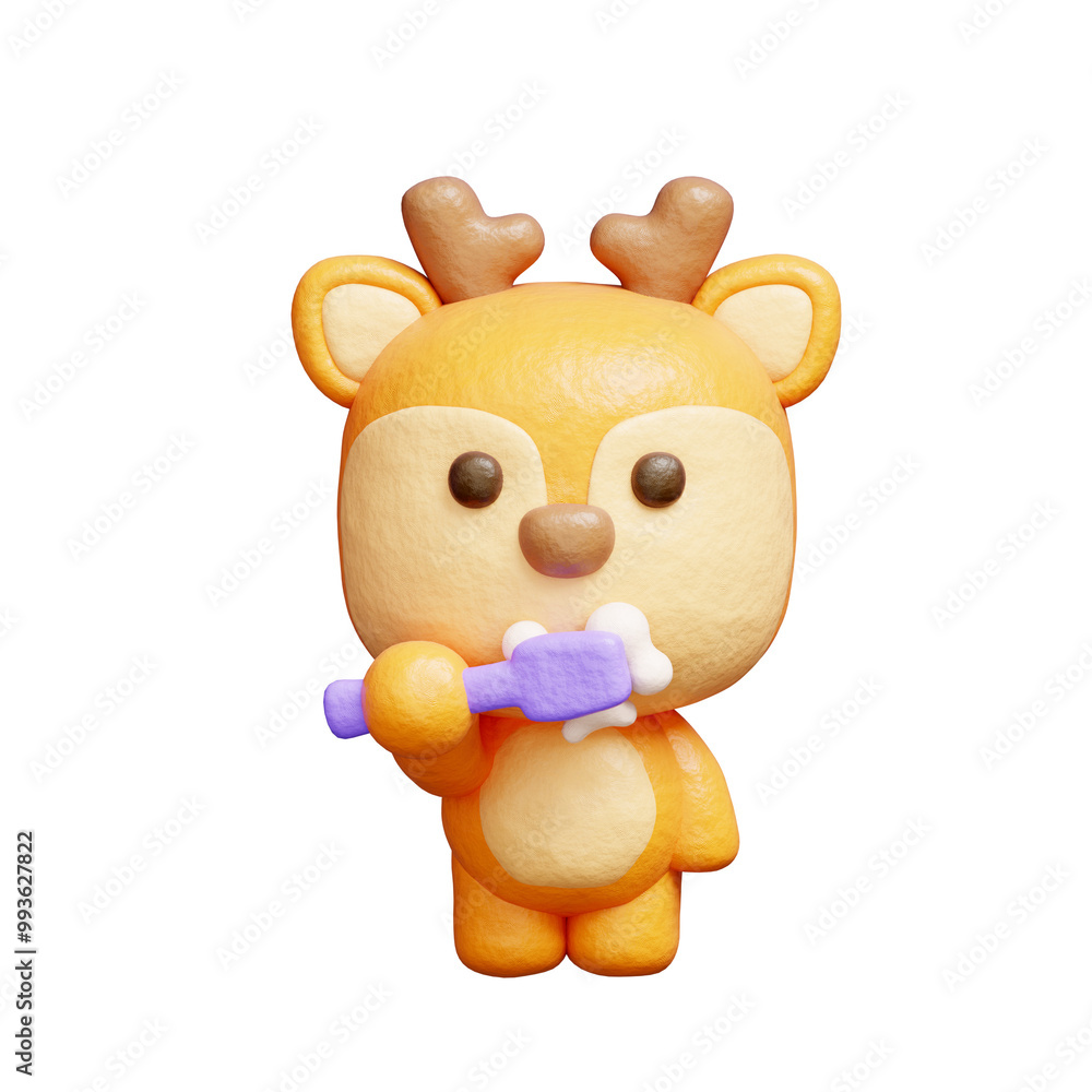 Fototapeta premium 3D cute deer brushing teeth, Cartoon animal character, 3D rendering.
