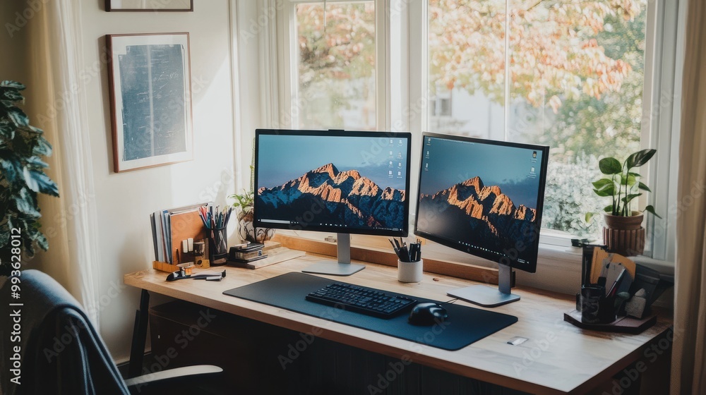 Remote Home Office: A Cozy Setup with Dual Monitors and Essentials Remote Home Office: A Cozy Setup with Dual Monitors and Essentials
