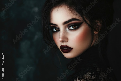 A beautiful woman with dark makeup, smoky eyes, and a fashion-inspired photo shoot.