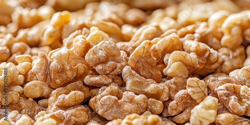 A detailed close-up view of numerous walnuts showcasing their texture and intricate patterns clearly.