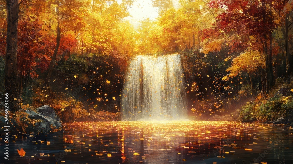 Obraz premium Forest of endless autumn with glowing waterfalls of liquid light and swirling leaves in vibrant gold, amber, and crimson