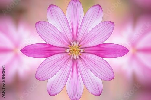 Close-up of a vibrant pink flower with detailed petals and a soft pink background, showcasing natural beauty and symmetry.