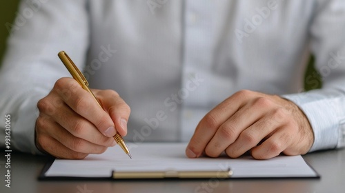 Closeup of Man s Hand Signing a Document with Gold Pen photo