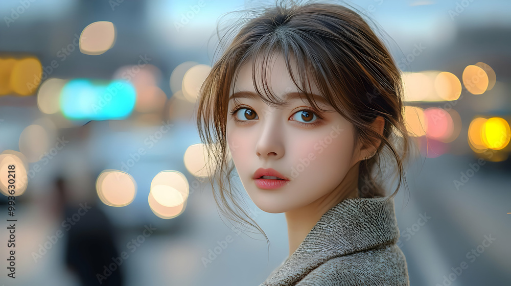 Woman with Brown Hair and Brown Eyes Poses with Blurred City Lights in Background Woman with Brown Hair and Brown Eyes Poses with Blurred City Lights in Background