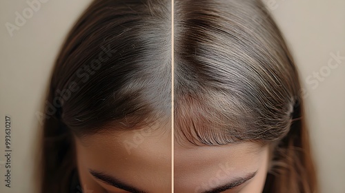 Hair loss recovery journey, with a side-by-side comparison of a thinning scalp before and a healthy, full head of hair post-treatment photo