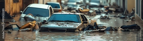 Wrecked cars and debris flo...