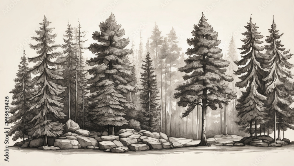 Obraz premium Hand-Drawn Fir Trees