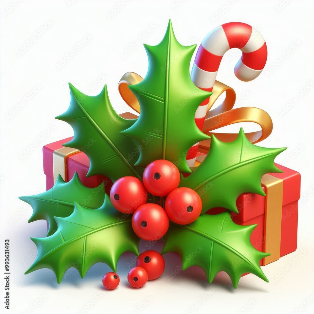 Christmas gift box with holly leaves, red berries, and candy cane. Festive 3D cartoon decoration isolated on white background. Holiday greeting card design Christmas gift box with holly leaves, red berries, and candy cane. Festive 3D cartoon decoration isolated on white background. Holiday greeting card design