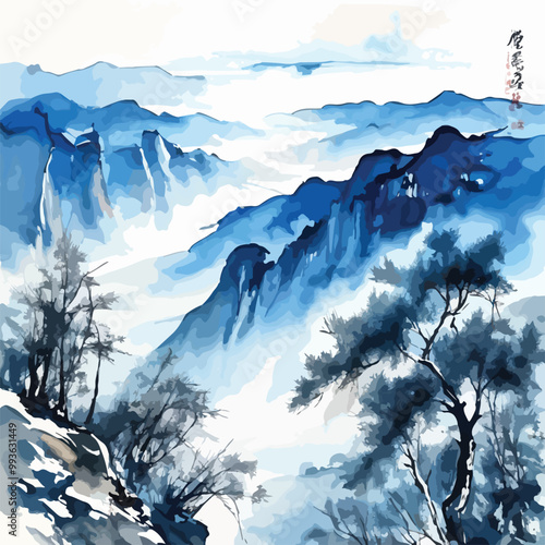 Landscape with blue mountains. Traditional oriental ink painting