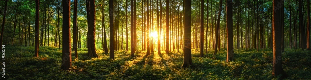 Obraz premium Serene Forest Panorama with Sunlight - Nature Background