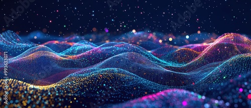 Abstract digital landscape with colorful waves and sparkles, representing data and technology.