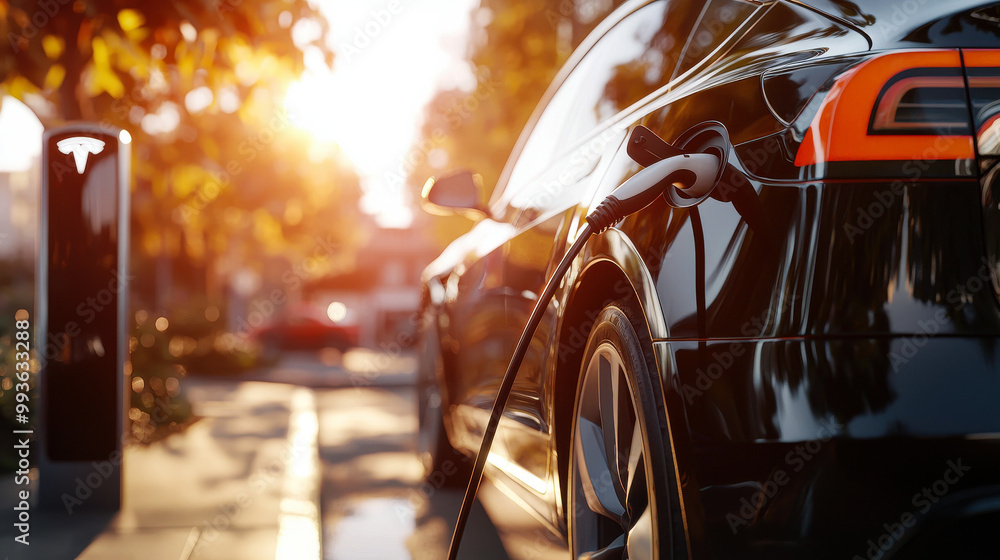 sleek electric vehicle charging at station during sunset, showcasing modern technology and sustainability. warm light enhances scenes beauty and innovation sleek electric vehicle charging at station during sunset, showcasing modern technology and sustainability. warm light enhances scenes beauty and innovation