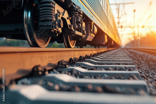 Close-up of a high-speed train s wheels on the track, symbolizing the precision and engineering behind high-speed rail Train wheels, Engineering precision