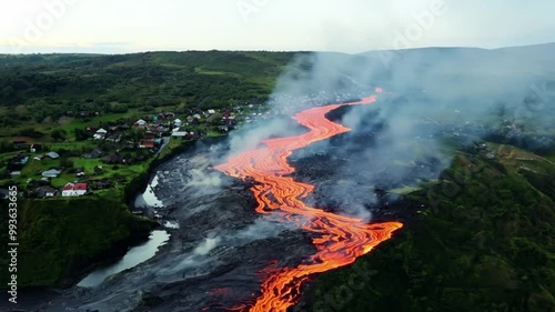 Aerial view of molten lava flow in rural landscapeVolcanic eruption near village captured from above. Aerial drone like video of flowing lava and village proximity.