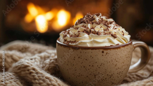 Hot chocolate with whipped cream and chocolate shavings on top, sitting on a cozy blanket with a fireplace in the background 