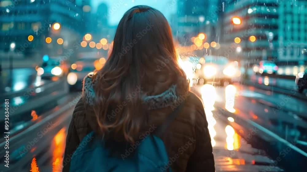 Urban stroll during rain. A woman walking in rain-drenched cityscape on wet urban road with cars passing by. YOung woman making way along car-filled avenue in rain. Urban stroll during rain. A woman walking in rain-drenched cityscape on wet urban road with cars passing by. YOung woman making way along car-filled avenue in rain.