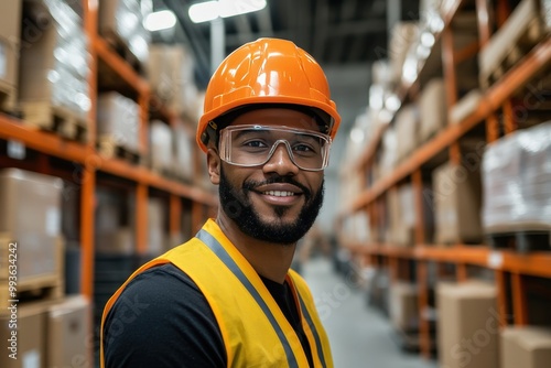 A Professional Smiling Worker Wearing Safety Gear in a Warehouse Environment Engaging Positively