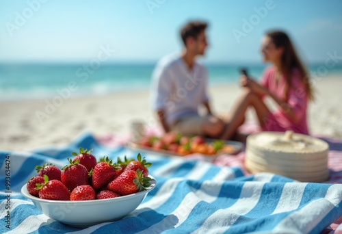 A bowl of ripe strawberries on a striped beach blanket, with a couple relaxing by the seaside in the blurred background. photo