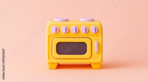 Bright yellow toy kitchen oven with knobs on a light pink background, perfect for imaginative play and children's activities. photo