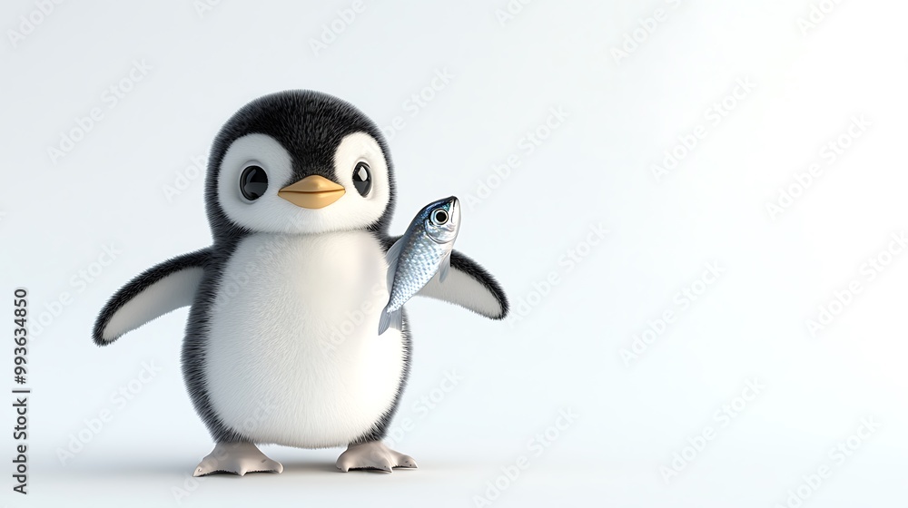 Obraz premium Cute cartoon penguin holding a fish on a white background.