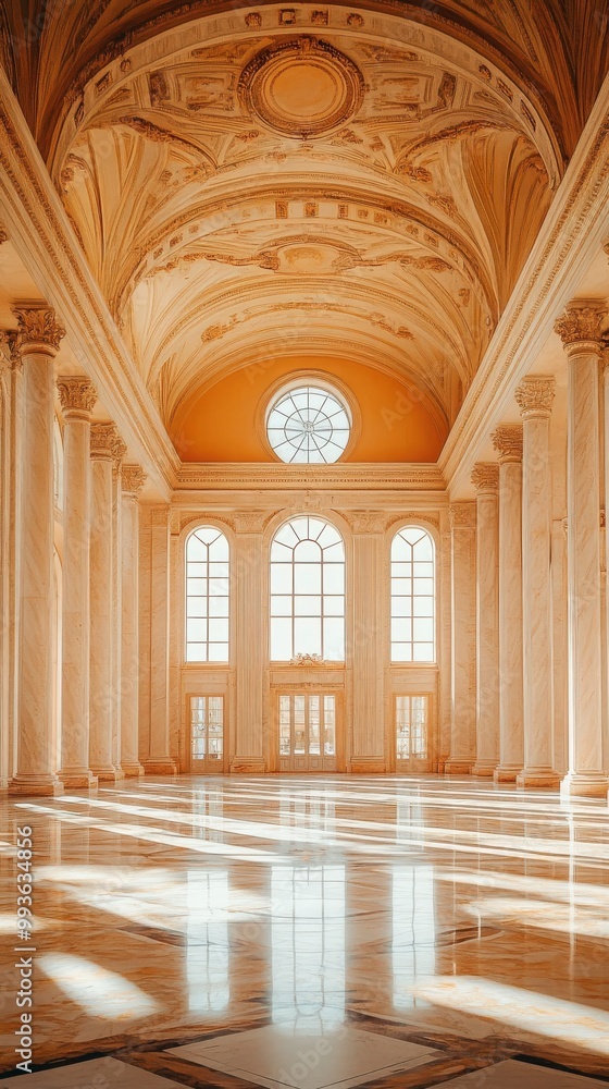 Fototapeta premium Spacious marble hall with towering columns, arched ceilings, and streaming sunlight